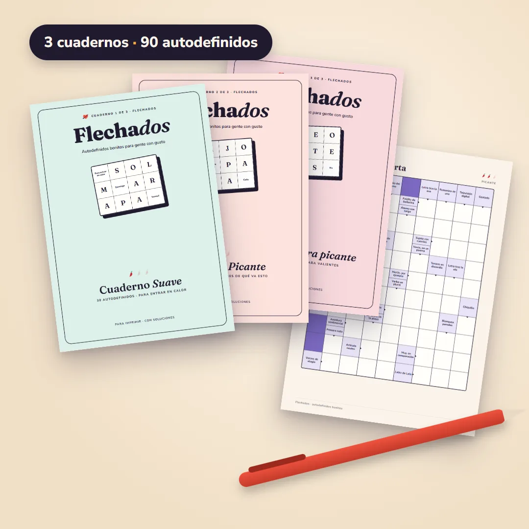 Los 3 cuadernos de Flechados y una grilla impresa con boli